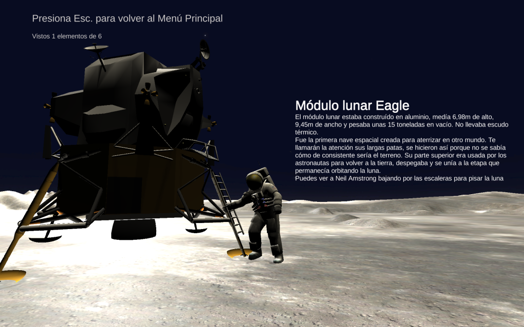 Escena en la luna, podemos ver el módulo Eagle y Armstrong bajando